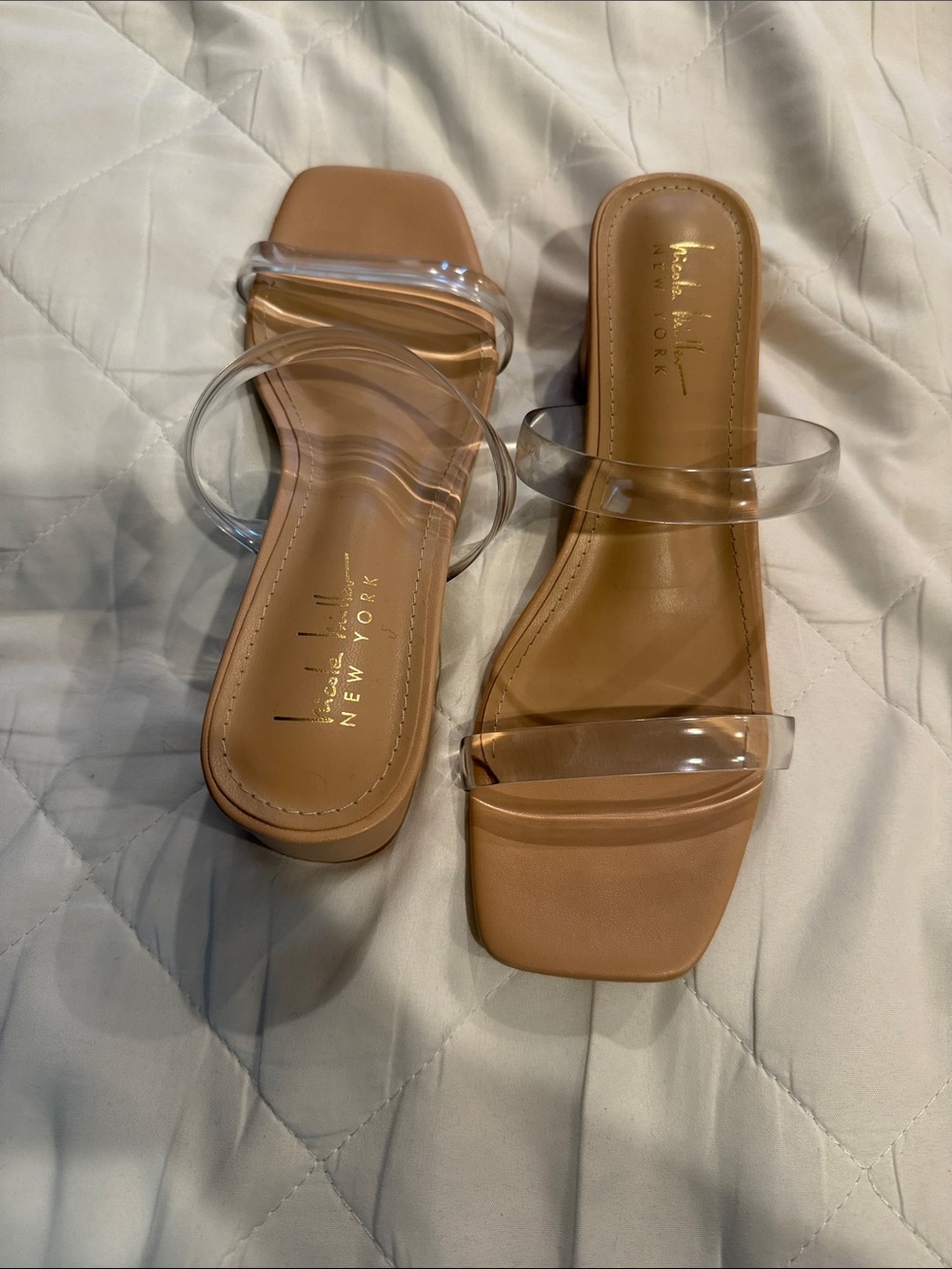 Nicole Miller New York Women’s Clear Strap Tan Slide Sandals